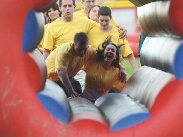 Runners head through an inflatable tunnel at Bath racecourse
